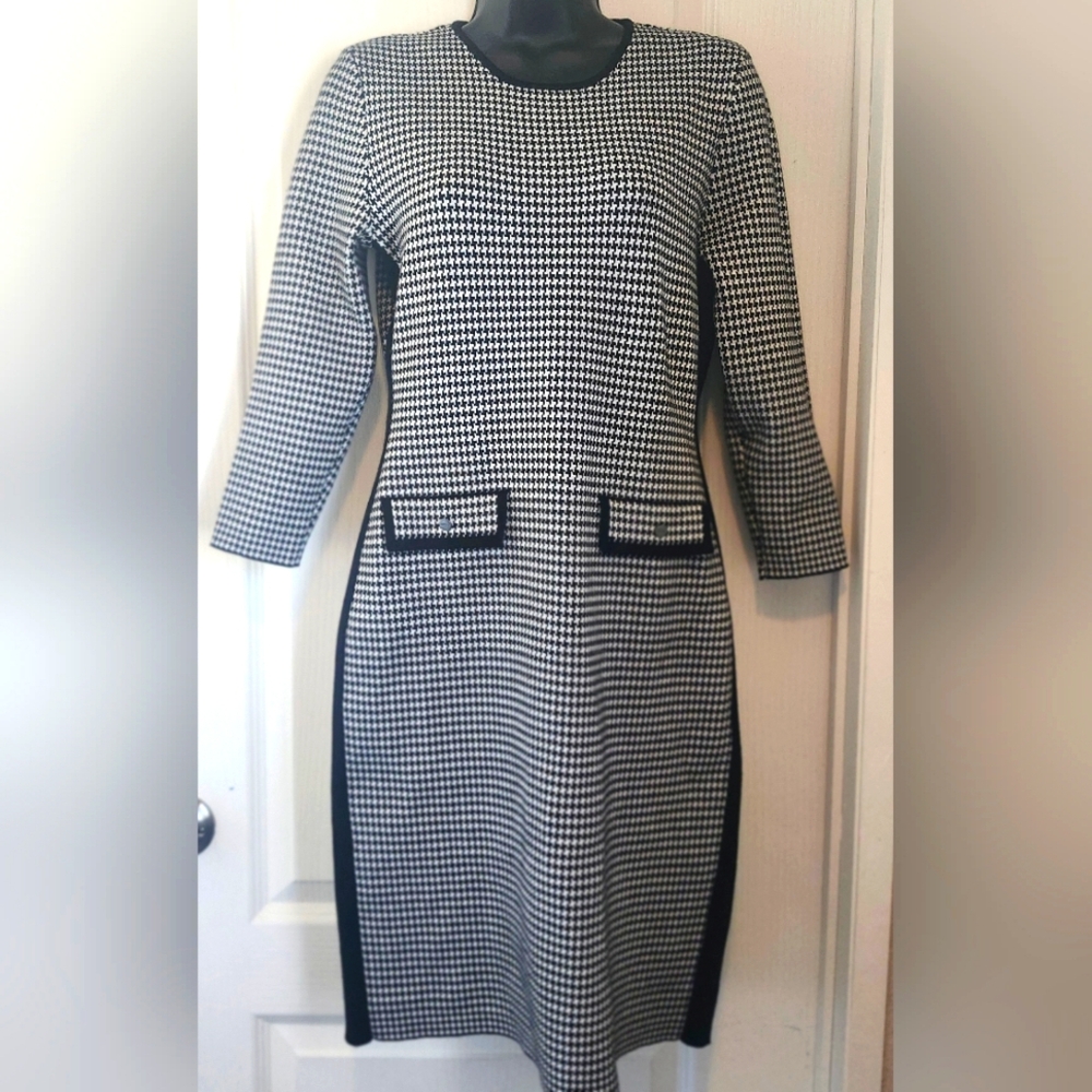 DKNY Black and Gray Sheath Dress 3/4 Sleeve Crew Neck Size medium EUC